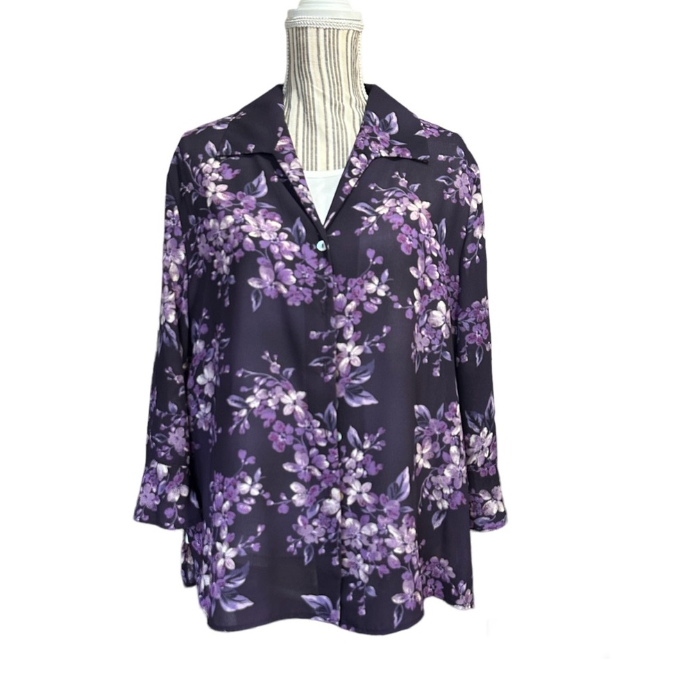 NWT Laura Scott Purple Floral Sheer Business Casual Blouse
